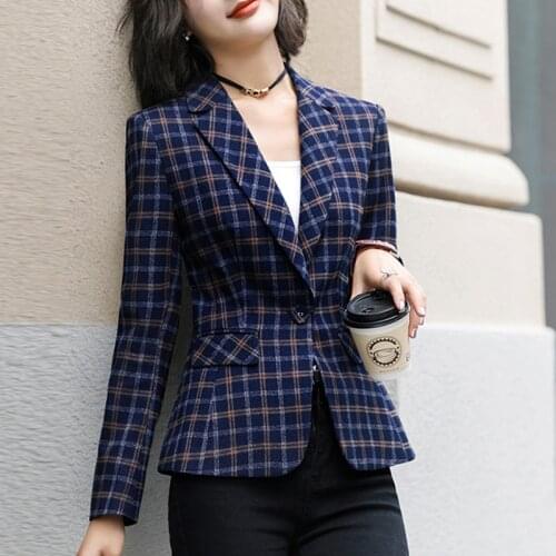 Female Plaid Blazer Jacket Basic Coat Plus size Suit Women Outwear 2019 Autumn Outerwear Clothing Casacos Femininos Lady OL Blue
