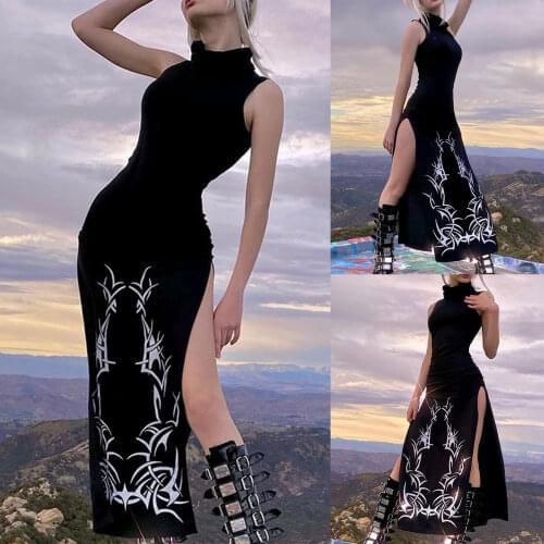 2021 Chic Sexy Tank High Collar Long Dress Vintage Printing Summer Sleeveless High Waist Split Hem Fitting Wild Dress for Ladies