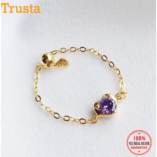 TrustDavis Real 925 Sterling Silver Sweet Romantic Heart Purple CZ Chain Ring Sizable For Women Wedding Party Fine Jewelry DS658