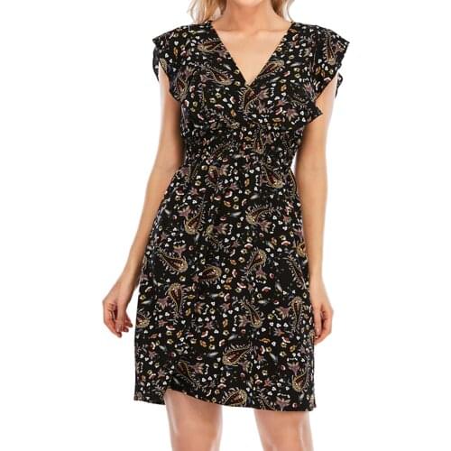 40# Cascading Ruffle Womens Summer Dress V-neck Multi-color Chiffon Print Sleeveless Bohemian Dress 2021 Vintage Sundress Robe