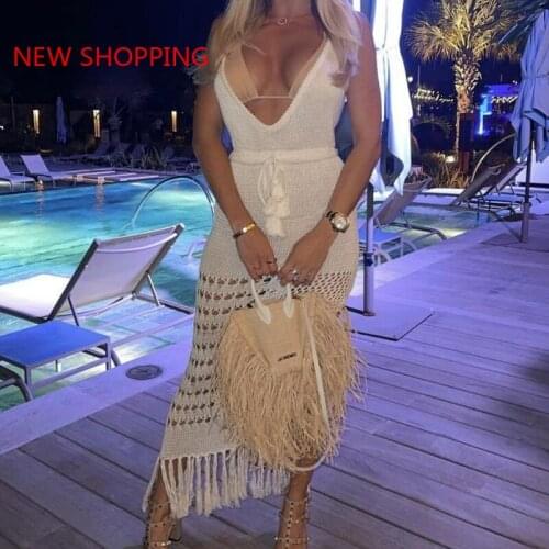 Women Beach Dresses Summer Long Beach Dress White Backless Deep V-Neck Crochet Sexy 2021 New Sundress Beachwear Cover Up S-3XL