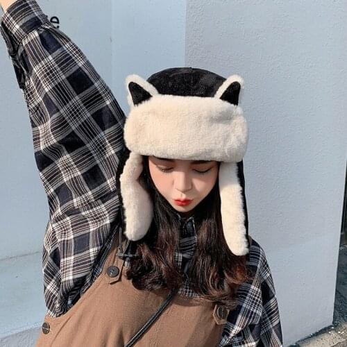 Winter Women Warm Thick Cashmere Bomber Hat Bear Plush Mask Lei Feng Bonnet Outdoor Russia Ski Ear Protection Face Cap Female