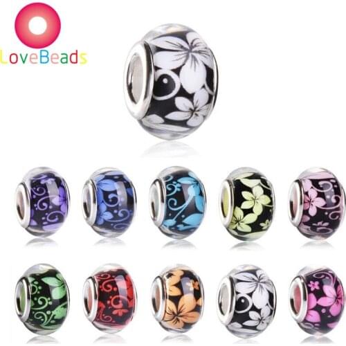 10Pcs New Color Flower Resin Murano Charms Big Hole Round Spacer Beads Fit Pandora Bracelet Bangle Snake Chain Pendant Necklace
