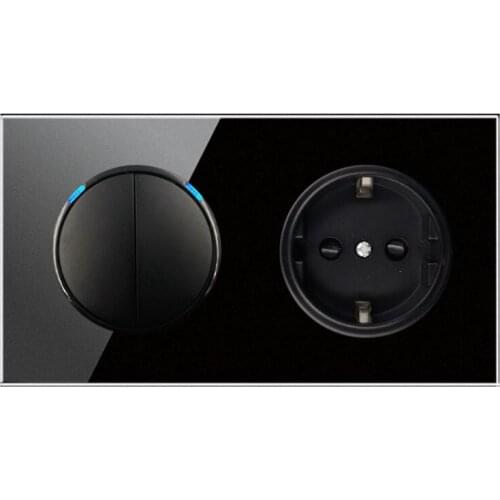 146 Type 2 gang 2 way Crystal Tempered Pure Glass Panel 13a Double Eu Germany Standard Wall Power Socket Grounded black