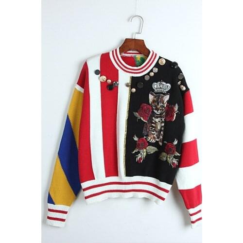 2020 Spring Sweater Free Shipping Fashion Womens Clothes Beads Red Black Panelled Kint Crew Neck Long Sleeve DL