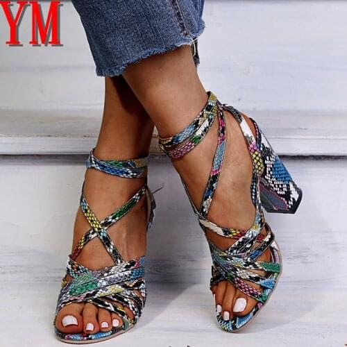 2020 Sandalias Mujer Womens Pumps Ladies Fashion Snakeskin Snake High Heels Cross Sandals Casual Shoes Women Sandals 35-43