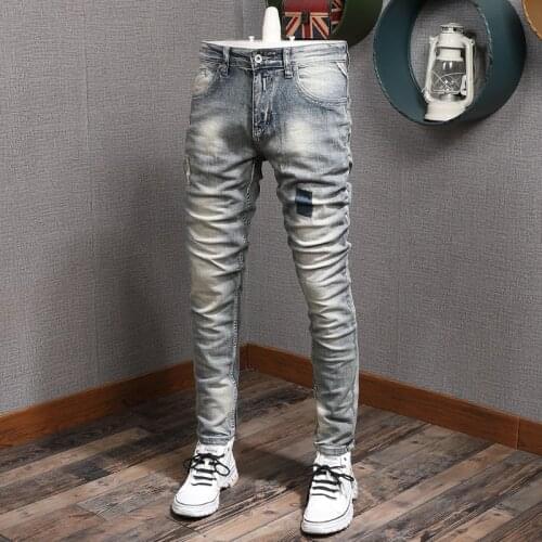 Italian Style Fashion Men Jeans Retro Blue Wash Elastic Slim Fit Ripped Denim Trousers Vintage Designer Streetwear Hip Hop Pants
