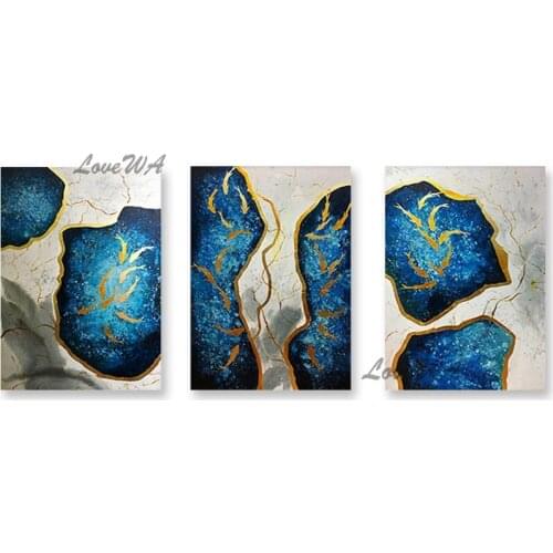 3PCS Group Gold Foil Texture Oil Painting Unframed Blue Abstract Design Handmade Canvas Wall Decor Panel Art Wall Hangings