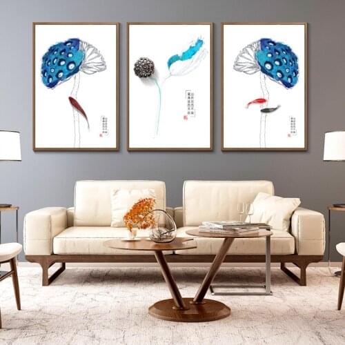 Chinese Style Lotus And Goldfish Chinese Ancient Poem Canvas Ink Print Painting Wall Art For Living Room And Study Room Decor