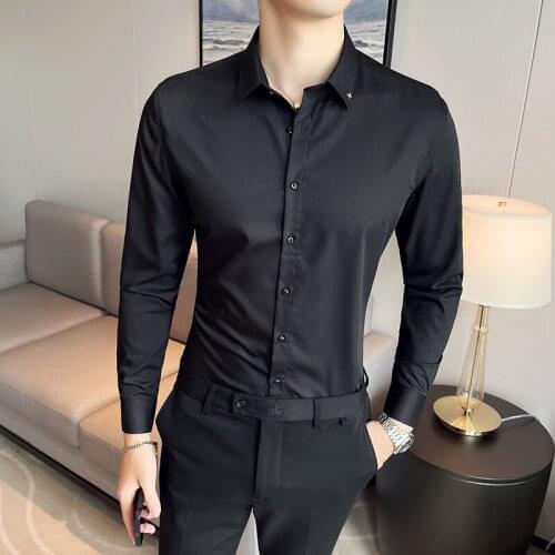 2021 Solid Color Mens Shirt Autumn Long Sleeve Slim Fit Casual Shirts Fashion Business Formal Dress Shirts Social Chemise Homme