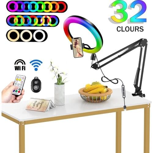 RGB Color Soft Ring Light Circle Lamp With Desk Long Arm Tablet Tripod Phone Holder Stand Photography Lighting Selfie RingLight