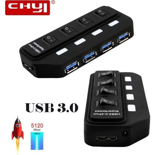 CHYI USB 3.0 HUB To 4 Port USB3.0 With LED On/Off Switch Extra DC 5V Power Supply USB Splitter Adapter For PC Mouse Laptop