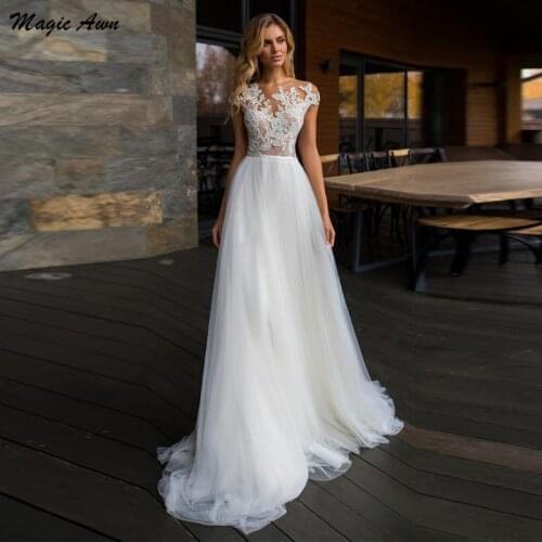 Magic Awn Boho Lace Tulle Wedding Dresses 2021 Illusion Appliques Cap Sleeve Beach A-Line Bridal Gowns Robes De Mariage