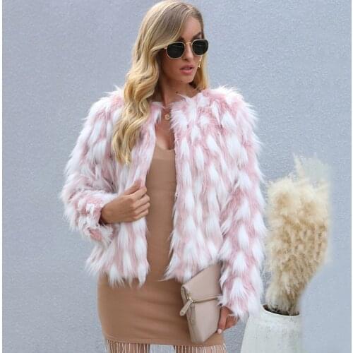 Autumn Winter New Imitation Faux Fur Jacket Coat Big Size Womens Loose Round Neck Ladies Pink Color Coat Size S-3X Outerwear