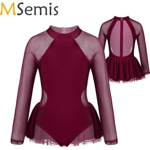 MSemis Kids Girl Dress Ballet Leotards Dress Ballerina Dance wear See Through Long Sleeve Open Back Gymnastics Leotard Bodysuit