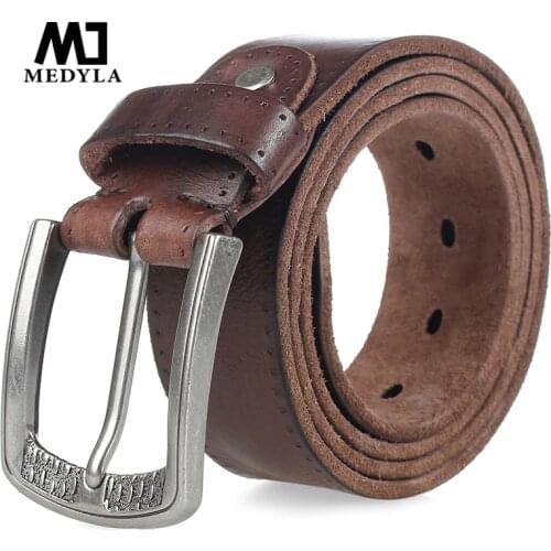 MEDYLA Fashion Brand Mens Genuine Leather Belt High-quality Alloy Buckle Casual Retro Brown Long Belts 105cm to 150cm Dropship