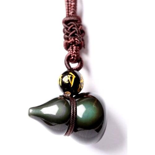 Natural Stone Black Obdian Rainbow Gourd Pendant with Chain for Men/ Women Fashion Jewelry Trendy Amulet Lucky Necklace Pendant