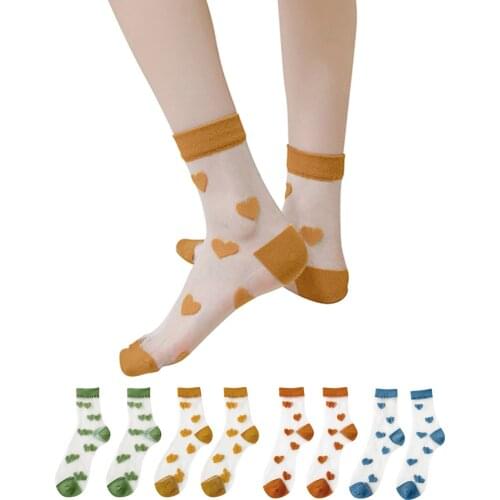 4 Pair Socks Fashion Womens Ultra Thin Love Printing Transparent Tube Crystal Sockings Summer Casual Socks Clothes Accessories