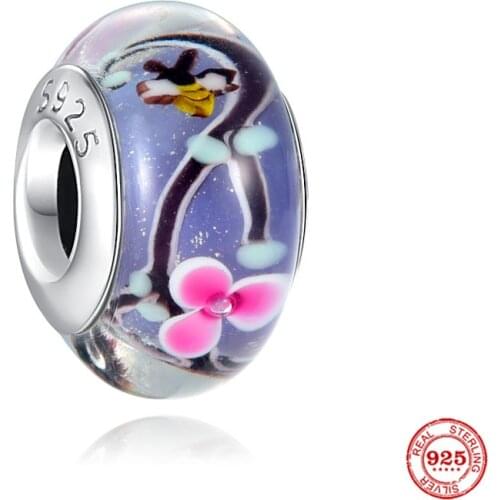 New Original Silver Color Flower Murano Beads Fit European Pandora Charms Bracelet Bangles P666