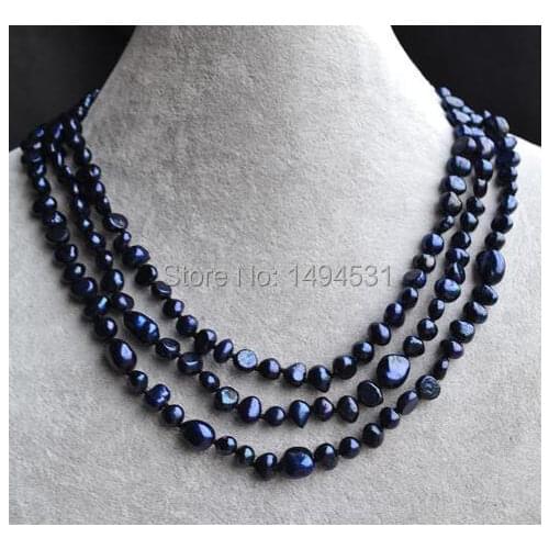 Wholesale Pearl Jewelry , Navy Color Long 52 Inches Genuine Freshwater Pearl Necklace 6-10mm Baroque Shape Jewelry.Free Shipping