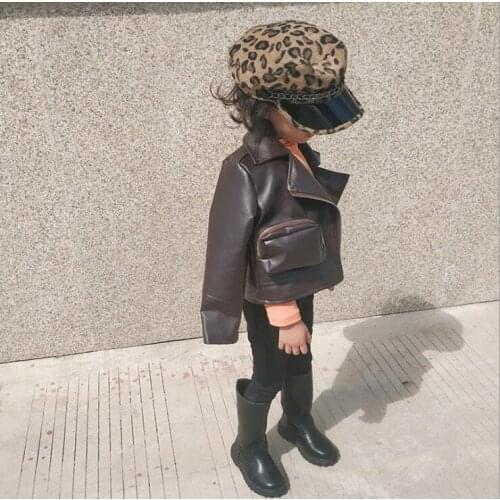 2020 Korean style girls boys PU leather coat with bag full sleeve autumn kids coat 2-7t F667