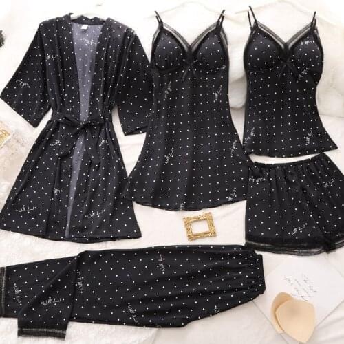 Spring Summer Ice Silk Pyjama Suit Women Black Dot Pajamas Set Sexy Lace Stain Silk Pajamas Nightgown Sleepwear With Chest Pads