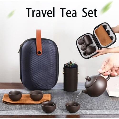 Portable Travel Teaware Set Purple Clay Kung Fu Tea Set Chinese Porcelain Zisha Tea Pot 4 Cups Tea Cup Handmade Drinkwaret Set