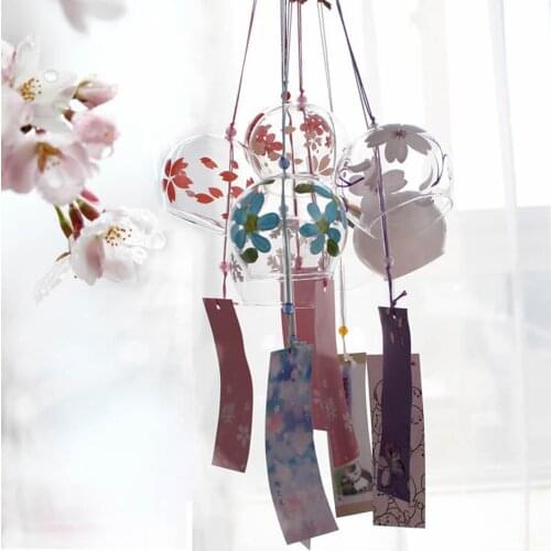 Romantic Crafts Japanese Cherry Blossom Glass Wind Chimes Bells Home Garden Office Ornament Indoor Window Hanging Decor 1PC #LR2