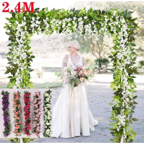 2.4M Rose Artificial Flowers Hanging Flowers DIY Holiday Garland Wall Decoration Rattan Fake Plants Leaves for Wedding Garden