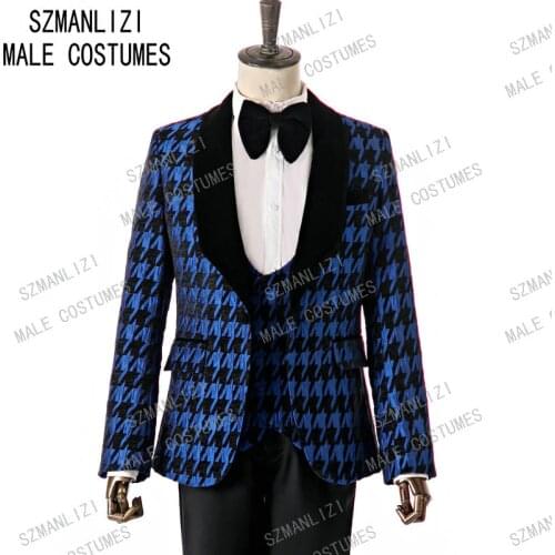 SZMANLIZI 2020 Blue Houndstooth Men Wedding Suits Slim Fit Groom Tuxedos 3 Piece Suits For Men Costumes Hommes Best Man Blazer
