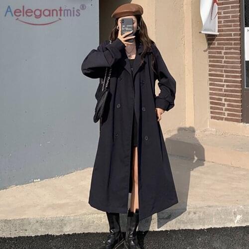 Aelegantmis Korean Double Breasted Loose Trench Coat for Women with Belt Oversize Simply Lapel Lady Windbreaker Autumn Outerwear