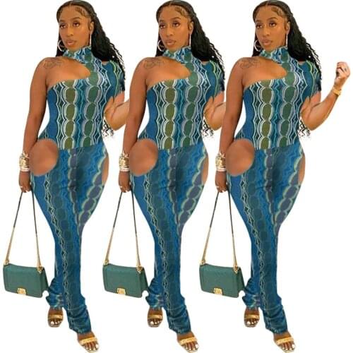 2021 INS New Summer Leisure Women Fashion Street Slim Sexy Printed Hollow On One Shoulder Long Jumpsuit