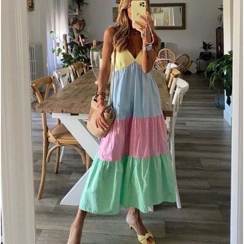 Color Patchwork Long Maxi Strap Dresses Women Summer 2021 Sexy Sleeveless V Neck Sundress Casual Loose Boho Beach Wear Dress