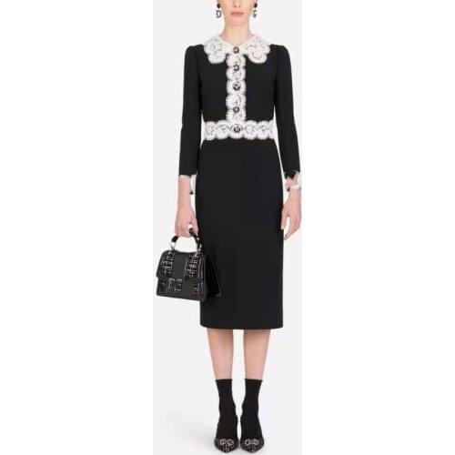 Women New 2021 Spring/Summer Silk Black Lining High quality Lace Cady Belt Famous MIDI Straight Dress Sicily Shirt Collar