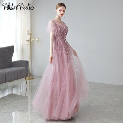 Luxury Heavy Beaded Evening Dresses For Birthday Party 2021 Elegant O-Neck A-line Floor-length Women Pink Formal Gowns