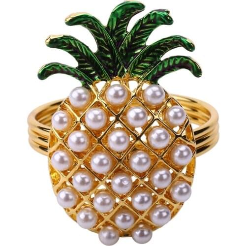 6Pcs Cute Napkin Rings Pineapple Shape Pearl Beaded Shining Gold Christening Bangle Metal Wedding Gift Party Supplies