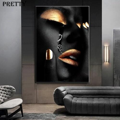 African Black Gold Woman Canvas Paintings on The Wall Tearful Woman Posters Pictures Modern Art Paintings Aesthetic Room Decor