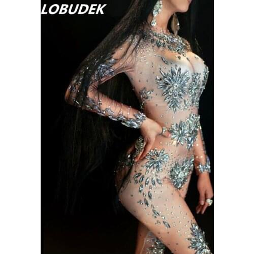 Sparkly Big Rhinestones Skinny Jumpsuit Glass Crystals Leotard Bodysuit Sexy Club Bar Female Costume Party Show Dance Stage Wear