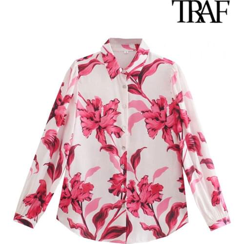 TRAF Women Fashion Floral Print Cozy Blouses Vintage Long Sleeve Button-up Female Shirts Blusas Chic Tops