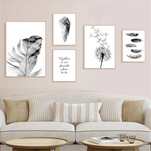 Black And White Wing Feather Canvas Painting Abstract Dandelion Wall Art Poster Nordic Print Wall Pictures For Living Room Decor