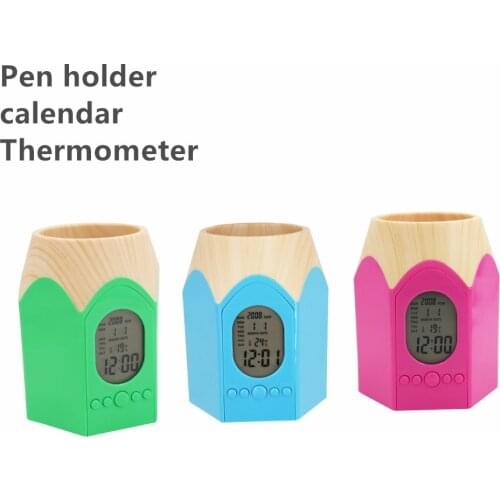 4-in 1 Pen holder calendar Thermometer Multifunctional Office Pen Pot Alarm clock Desk Organizer Pencil Cup Stand LCD backlight