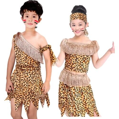 Kids Boys Girls African Original Savage Costume Wild Cosplay Costumes Halloween Carnival Purim Role Play Childrens Day