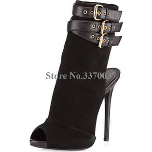 Hot Selling Women Fashion Open Toe Suede Leather Ankle Buckle Design Gladiator Short Boots Cut-out High Heel Ankle Boots