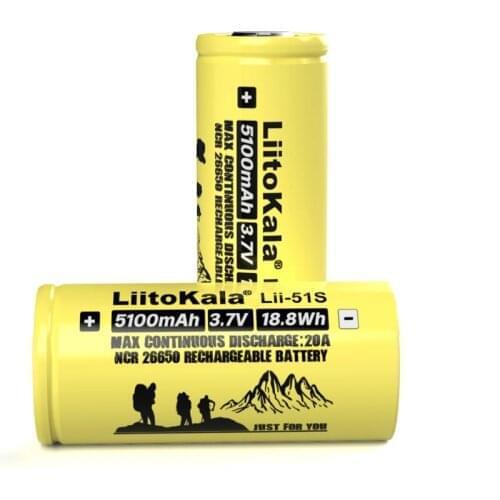2 PCS . 5100mah. Liitokala Lii-51S 26650 20A power rechargeable lithium battery 26650A , 3.7V 5100mA . Suitable for flashlight