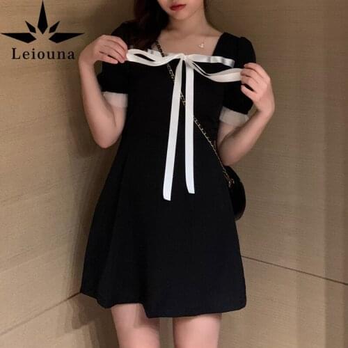 Leiouna Black Short Puff Sleeve Square-neck Lace Hepburn Bow New Sweet Fashion Female Summer Slim Girl Summer A-line Mini Dress