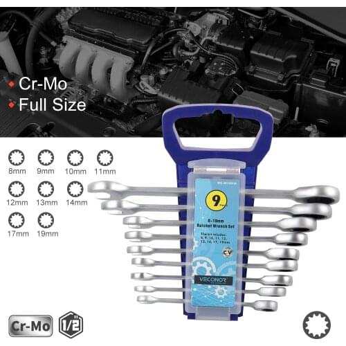 9PCS Ratchet Wrench Spanner Set of Multitools Keys Set Matte Finish Fixed Head 72-Teeth Ratcheting with Portable Plastic Rack