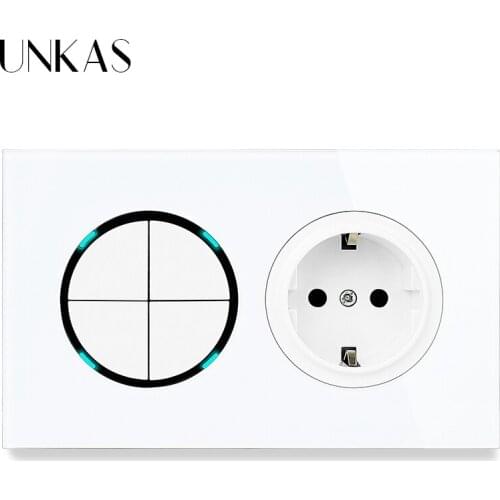 UNKAS 4 Gang 1 Way / 2 Way + EU Standard Wall Power Socket On / Off Light Switch LED Indicator White Crystal Glass Panel 16A