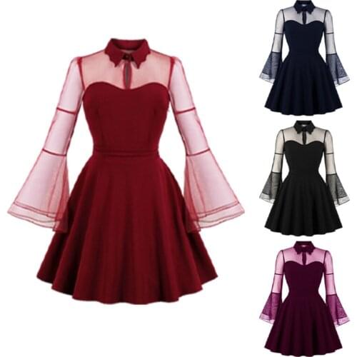 Summer New Plus Size Halloween Black Queen Mesh Perspective Skirt Trumpet Sleeve Stitching Retro Women Dress