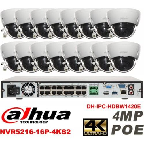 Dahua original 16CH 4MP H2.64 DH-IPC-HDBW1420E 16pcs Network camera POE DAHUA DHI-NVR5216-16P-4KS2 Dome IP security camera kit