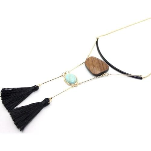 Solid Brown Wood Oval Pendant Double Black Tassel Pendant Necklce Fashion Jewelry